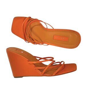 Topshop Rocco Wedge Sandals Size 8 US 6 UK Orange Strappy Slide Square Toe Vegan